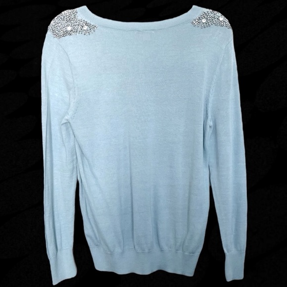 Halogen Jeweled Shoulder Sweater, Light Blue/Silver, Small/Petite - Picture 3 of 12
